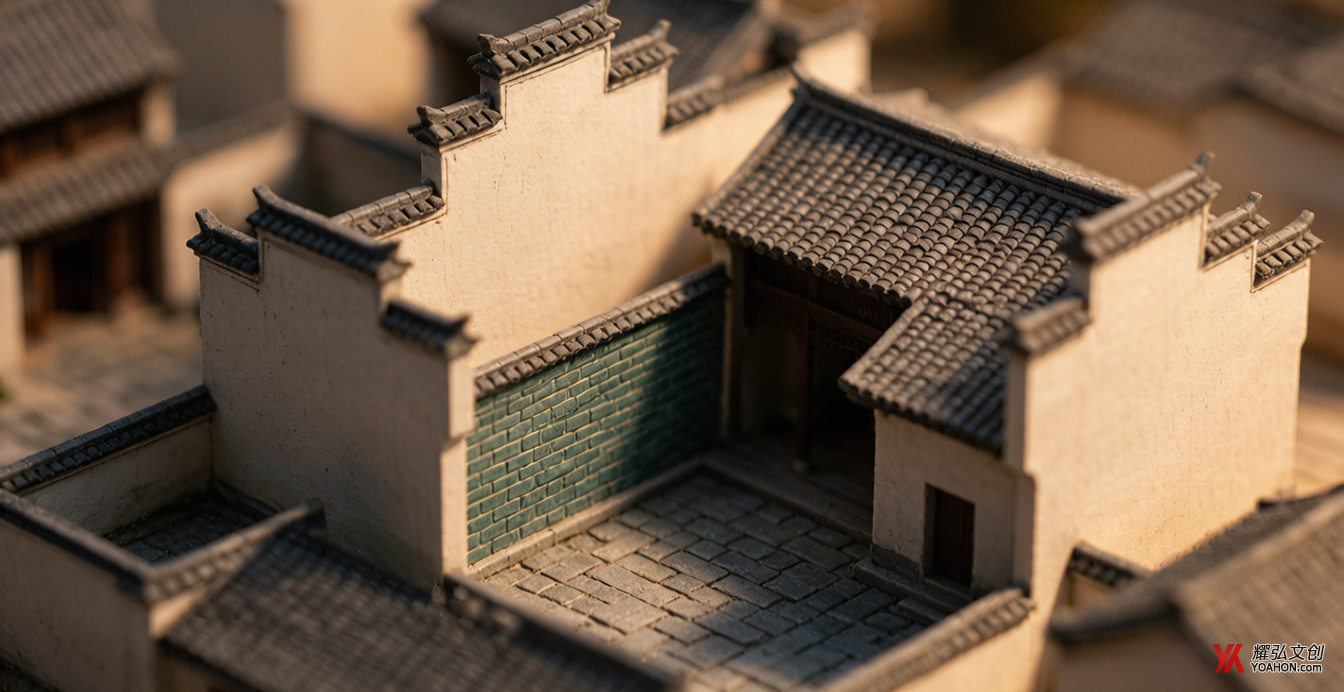 中式建筑群微缩沙盘的屋顶与院落细节