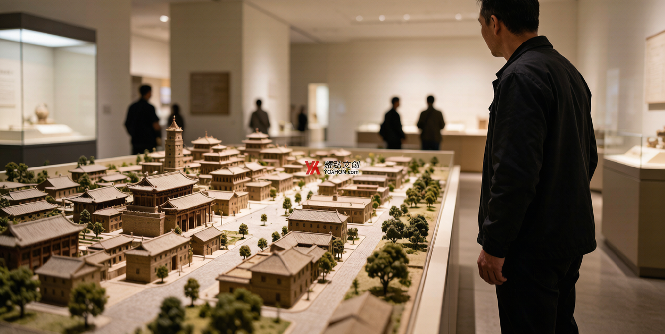 展柜中的中国传统四合院微缩建筑模型